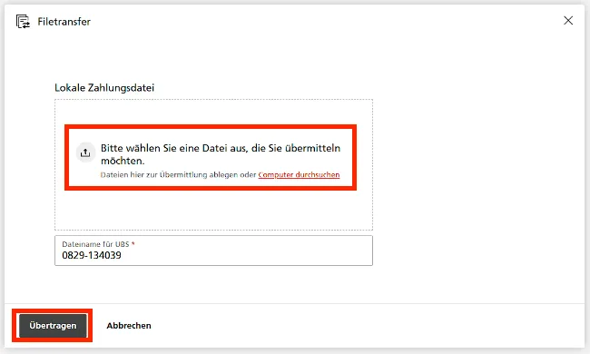 Dialog «Filetransfer» mit dem Feld «Lokale Zahlungsdatei» und dem Button «Übertragen»
