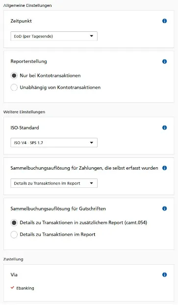 Einstellungen des Reports: Zeitpunkt, Reporterstellung, ISO-Standard, Sammelbuchungsauflösung und Zustellung