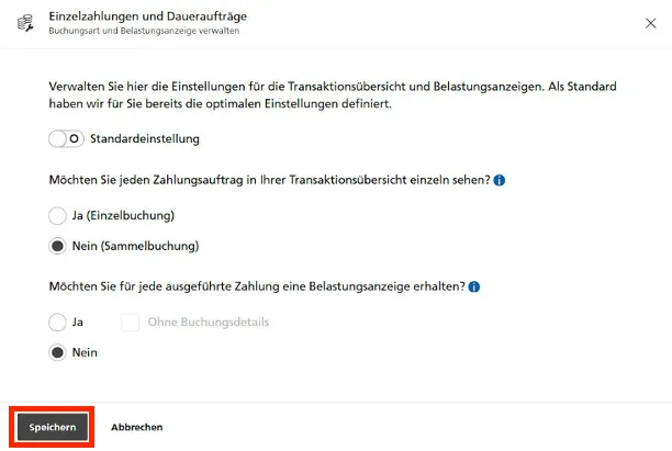 Dialog «Einzelzahlungen und Daueraufträge» mit ausgeschalteter «Standardeinstellung»